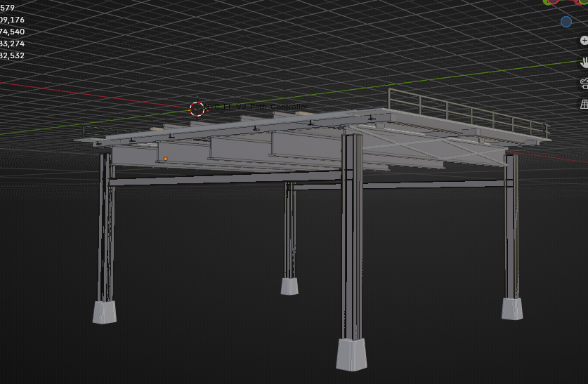 Early elevated train-platform structure pass in Blender