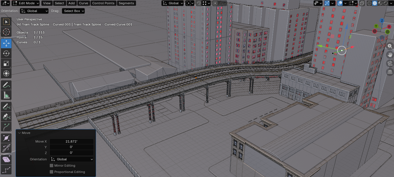 Curved elevated train-track route threading through the district
