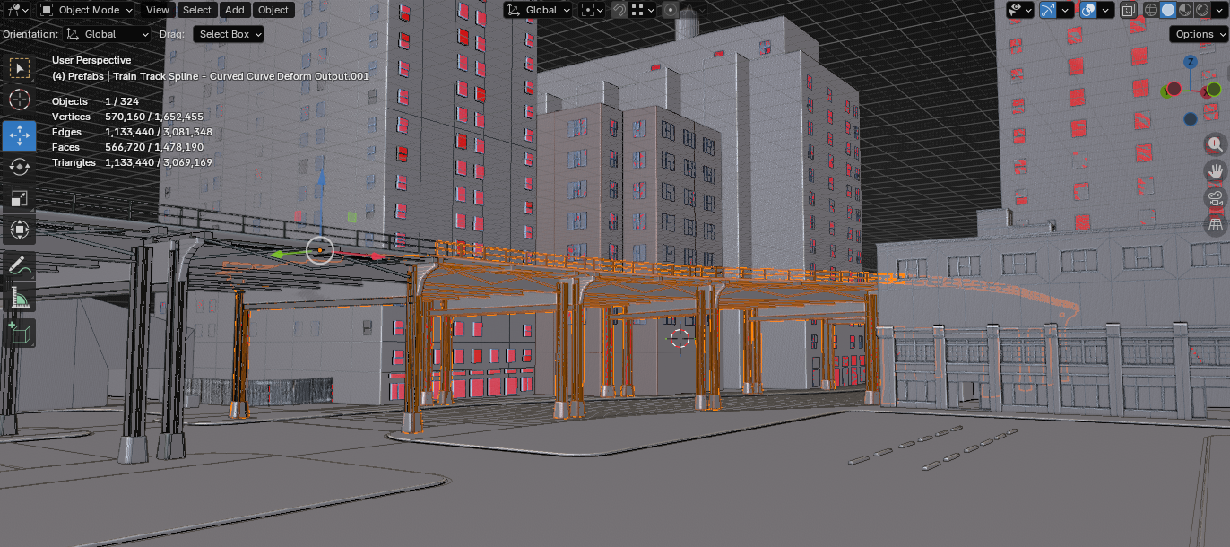 Street-level view of the elevated train-track support pass