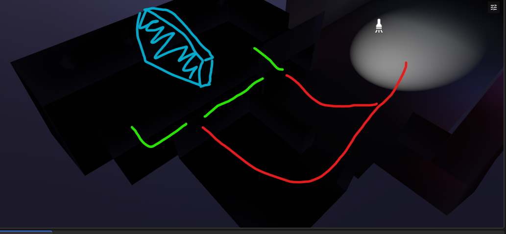 Top-down club POI route sketch with public and covert paths marked