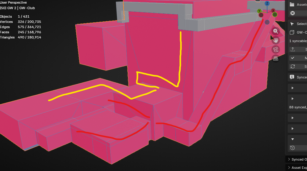 Blender blockout view for club POI route planning
