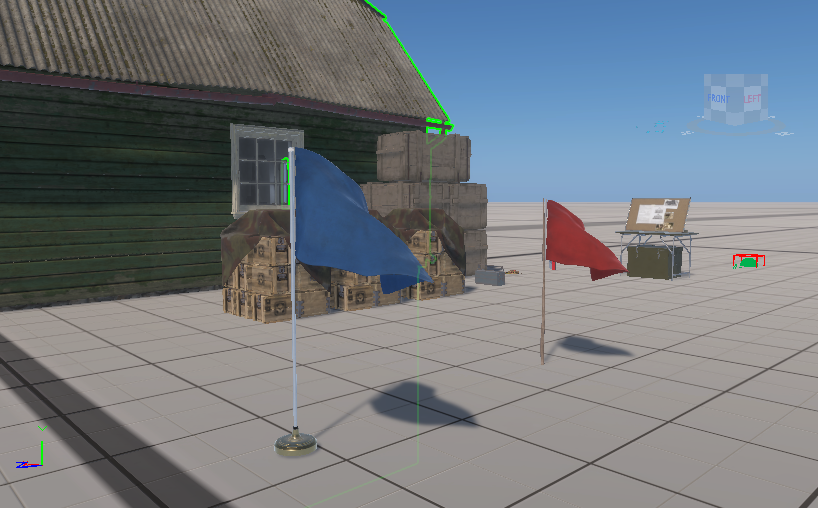 Blue and red base flags in the Enfusion dev world