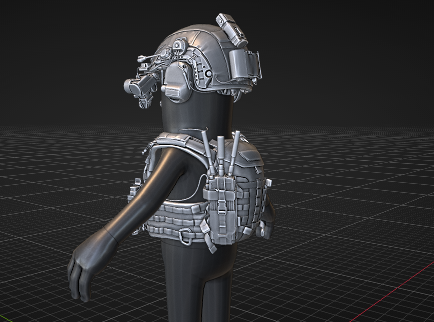 Rear modular kit breakdown with backpack, radio, night vision, strobe, and helmet counterweight