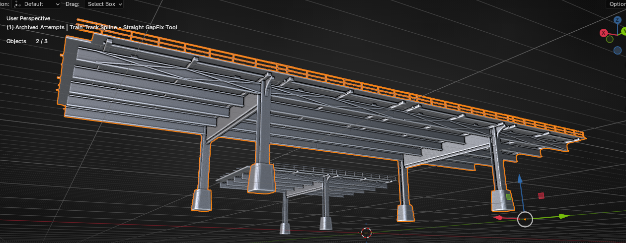 Train-track spline tool showing a long elevated track section and supports