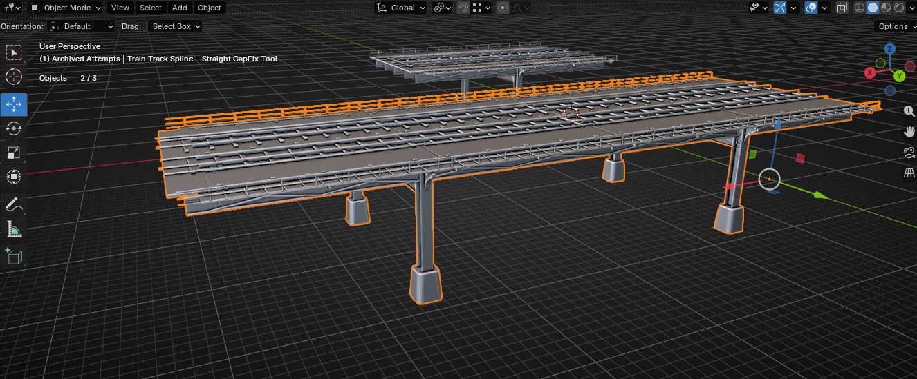 Wider train-track spline tool view with multiple elevated sections